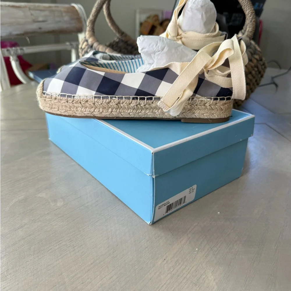 Draper James Navy and White Espadrille Flats with Ankle Tie